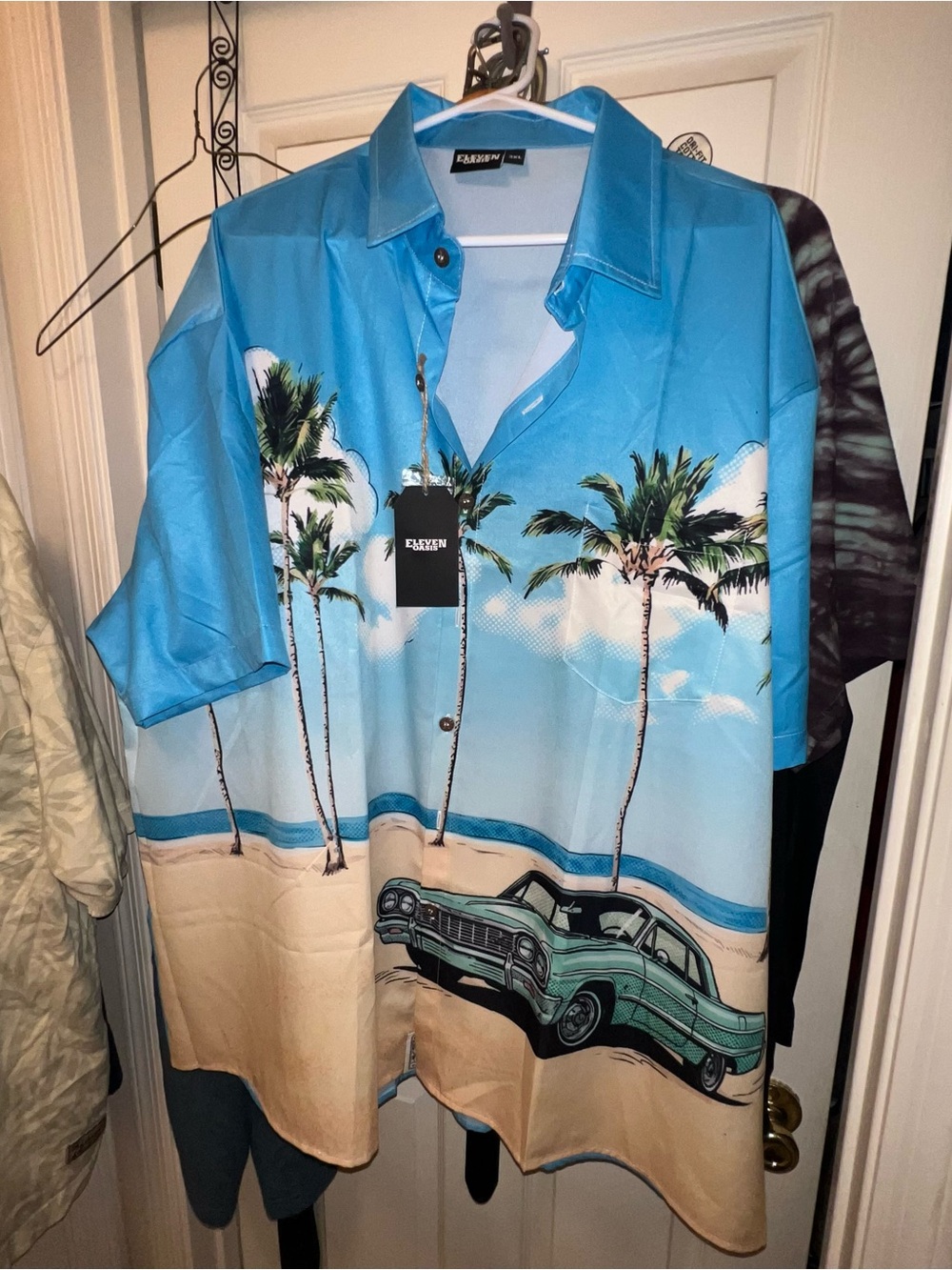 NEW 11 OASIS 3XL Palms & CHEVY Classic Car Short-Sleeve Button Shirt - Blue